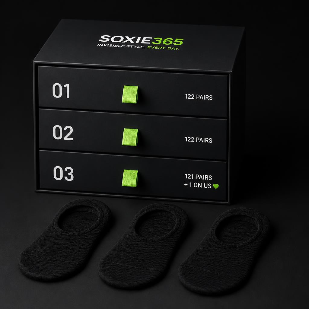 SOXIE365 365 Pack — 365 pairs of all black no-show socks in one box